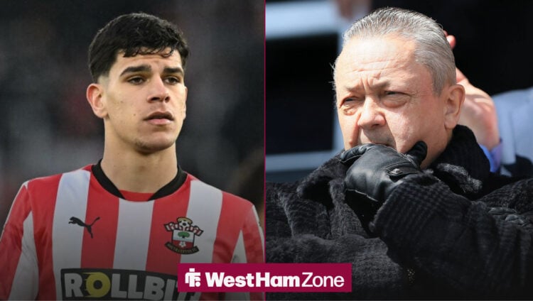 Mateus Fernandes in Southampton kit, with David Sullivan looking on