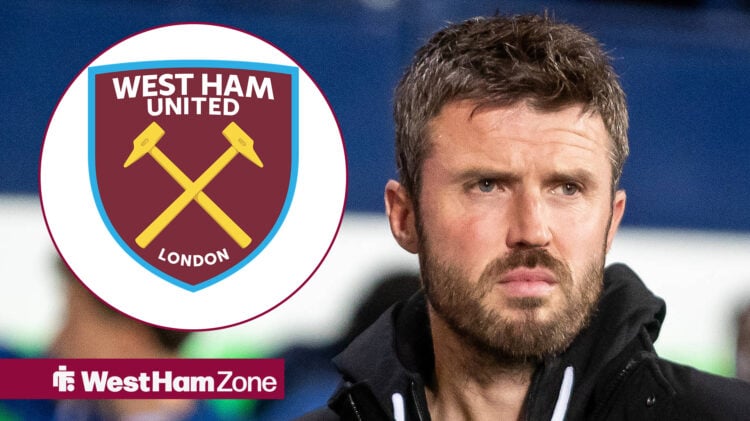 An image of Michael Carrick managing Middlesbrough, next to a circular inset of a West Ham United badge
