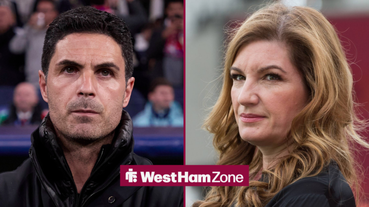 A split image as West Ham vice-chairwoman Karren Brady glances across towards Arsenal manager Mikel Arteta.