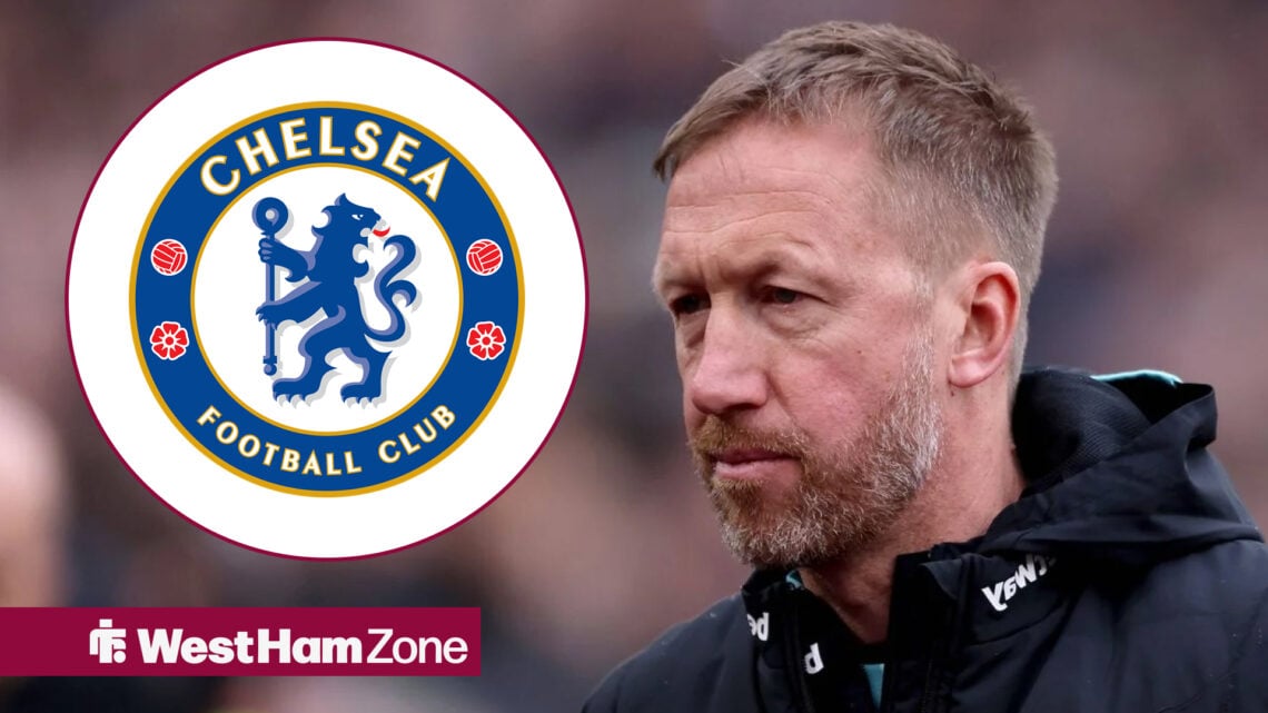 Chelsea badge in a circular inset, Graham Potter looking neutral