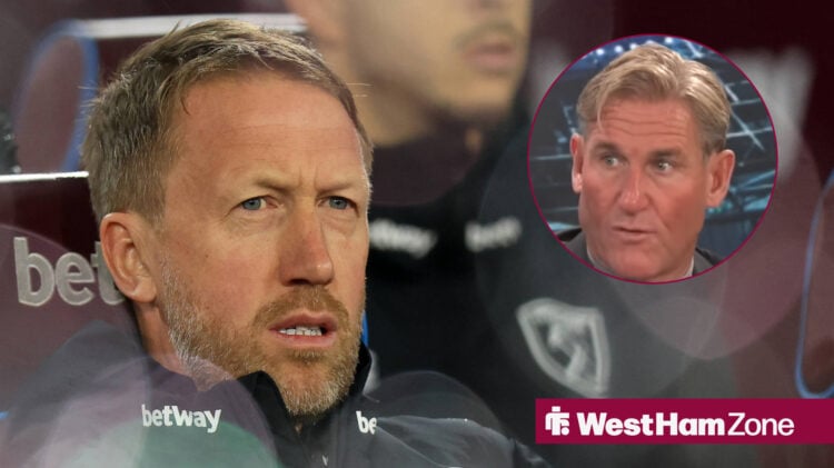Graham Potter watching West Ham from the dugout next to Simon Jordan on talkSPORT in a circular inset.