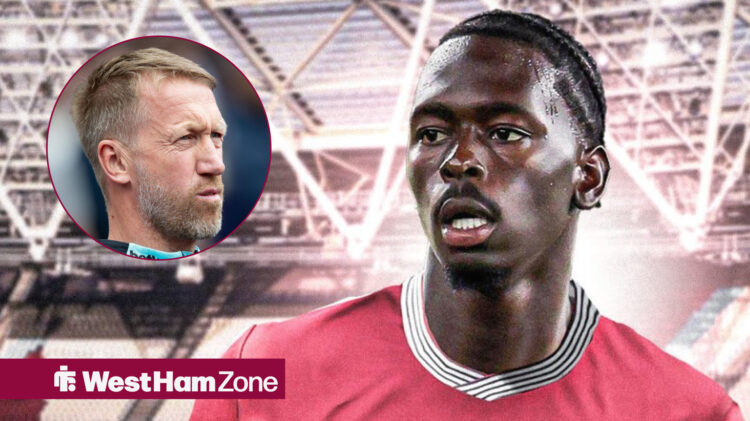 Soungoutou Magassa and West Ham boss Graham Potter in a circular inset.
