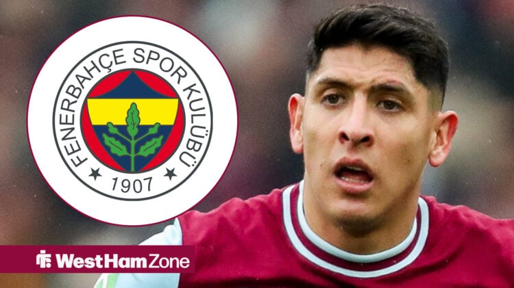 Edson Alvarez in a West Ham shirt looking at a Fenerbahce badge in a circle