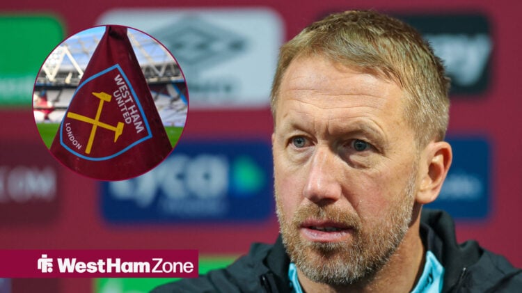 Graham Potter looking nervously towards a picture of the West Ham corner flag in a circle