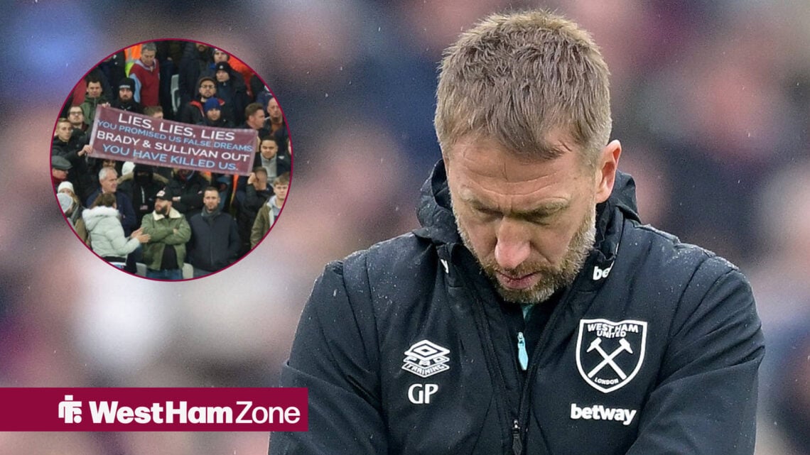 Graham Potter looking disappointed next to an image of angry West Ham fans in a circle
