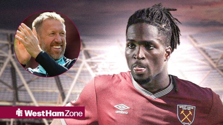 Jonathan Rowe wearing a West Ham shirt looking at a happy Graham Potter