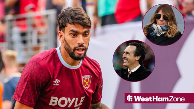 West Ham ace Lucas Paqueta pre-match, Karren Brady and Unai Emery in circles.
