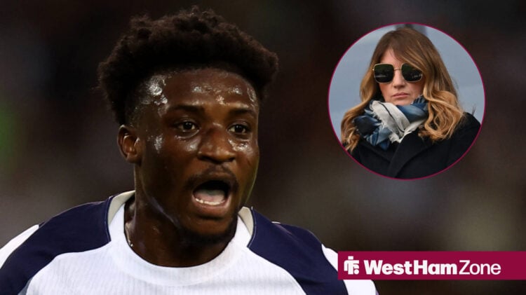 Mohammed Kudus celebrating towards Karren Brady after leaving West Ham for Tottenham