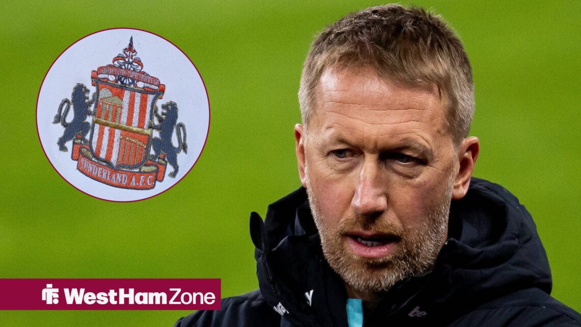 Graham Potter looking disappointed towards a picture of the Sunderland badge