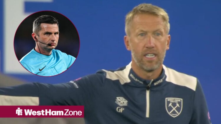Graham Potter on the sidelines in West Ham vs Chelsea. Michael Oliver looks towards him in a circle.