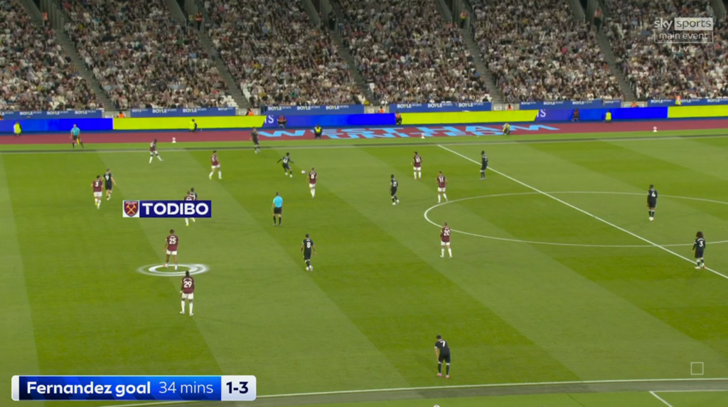 Jean-Clair Todibo is shown tracking Enzo Fernandez before Chelsea's third goal vs West Ham.