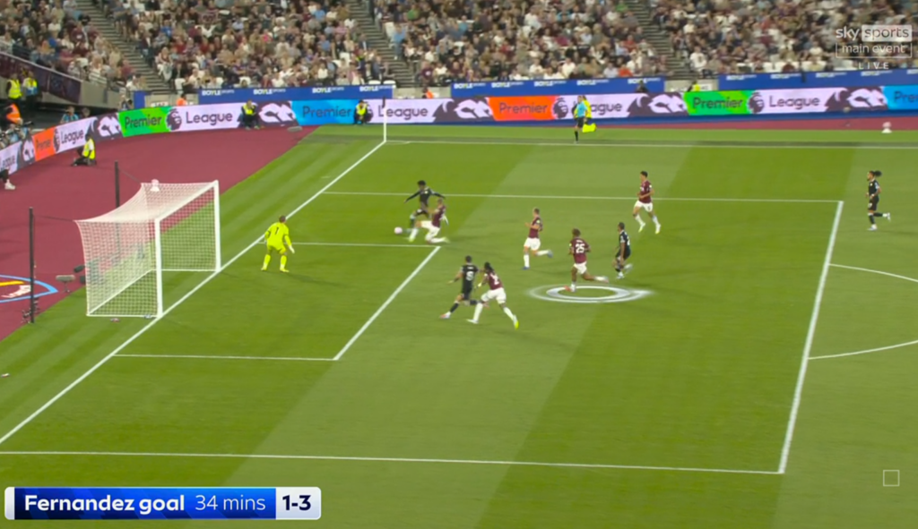 Jean-Clair Todibo is shown tracking Enzo Fernandez before Chelsea's third goal vs West Ham.