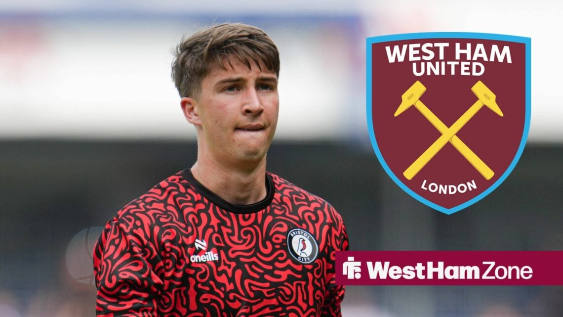 George Earthy in a Bristol City training top, with West Ham badge alongside him