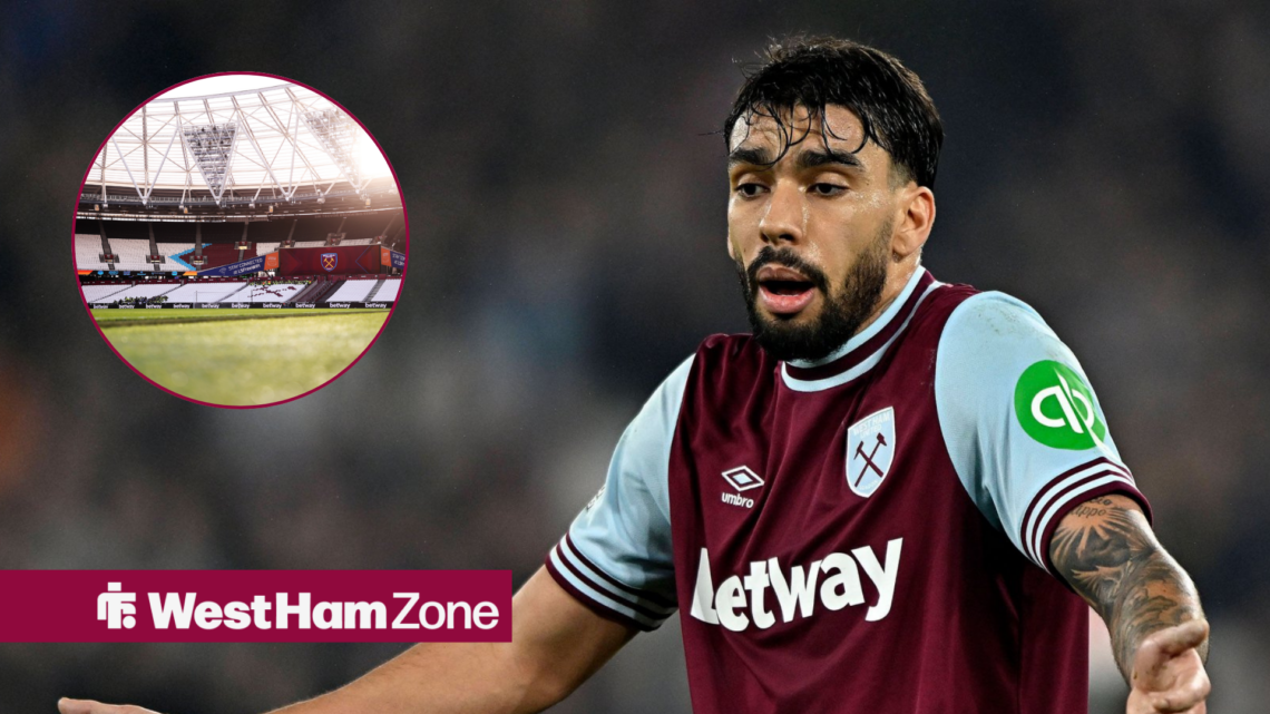 Lucas Paqueta alongside a circle inset of the London Stadium.