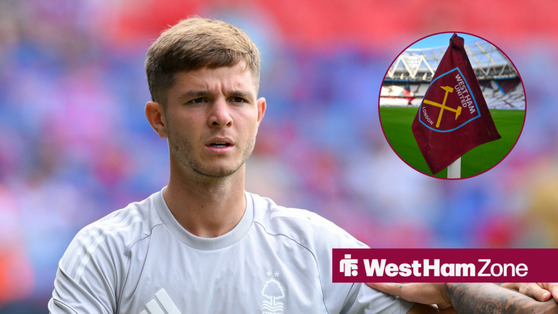 James McAtee alongside a circle inset of the West Ham corner flag