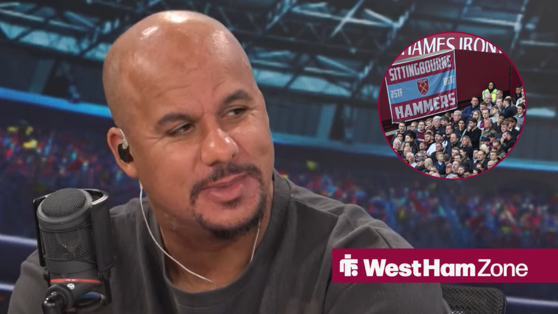 Gabby Agbonlahor looking towards a circle inset of West Ham fans at the London Stadium