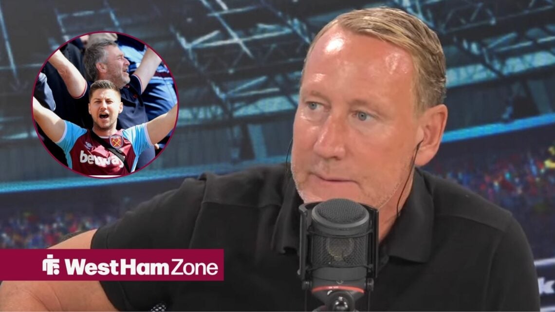 Ray Parlour speaking on talkSPORT looking towards West Ham fans in a circle inset