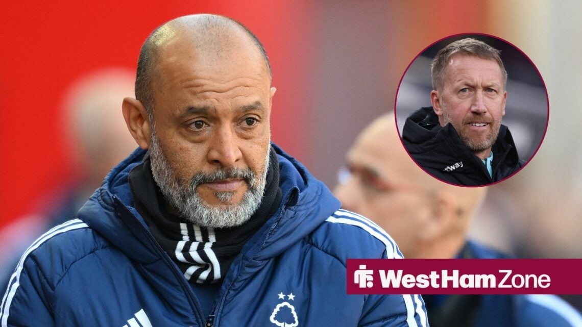 Nuno Espirito Santo looking sad towards a circle inset of Graham Potter