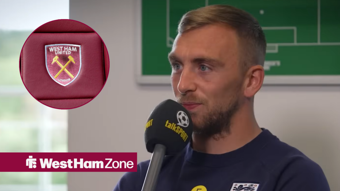 Jarrod Bowen speaking with England looking towards a West Ham badge at the London Stadium