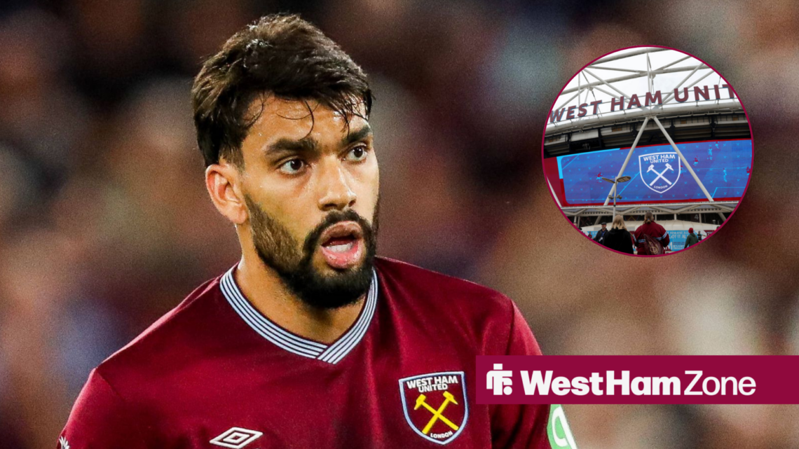 Lucas Paqueta looking nervously towards a circle inset image of the London Stadium