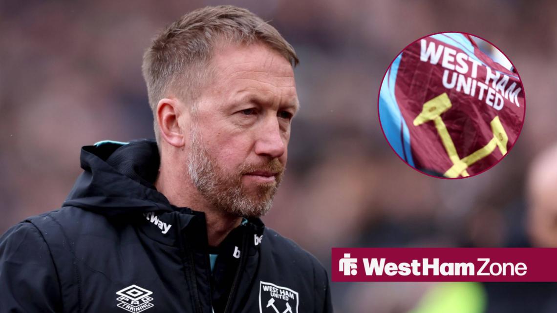 Graham Potter looking towards a West Ham flag in a circle inset