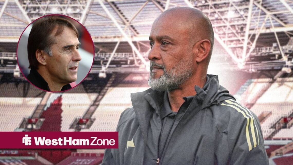 Julen Lopetegui on the left looking to the right with a content look, as Nuno Espirito Santo looks annoyed on the right and looks to the left, in f...