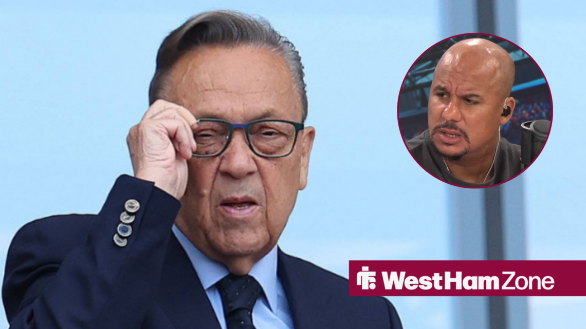 Gabby Agbonlahor in a circle inset looking towards West Ham chairman David Sullivan
