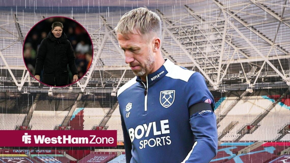West Ham boss Graham Potter walking in the rain with Oliver Glasner in the circle