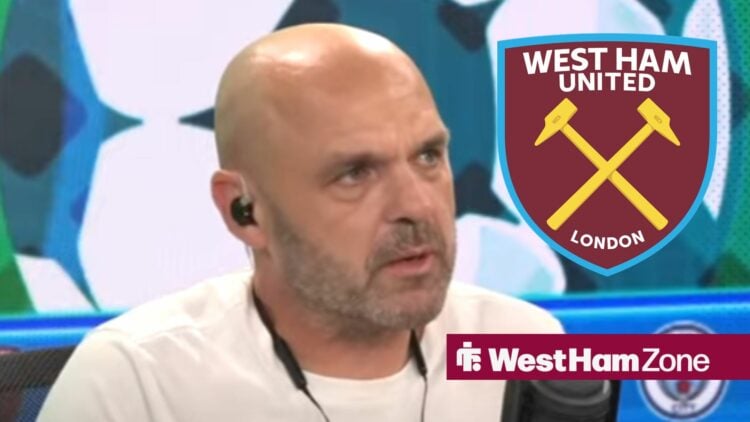 Danny Murphy looks surprised, with a West Ham badge alongside him