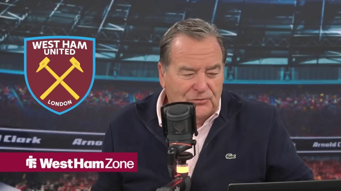 Jeff Stelling looks bemused and the West Ham badge