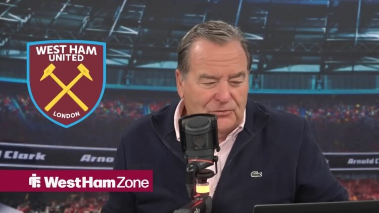Jeff Stelling looks bemused and the West Ham badge