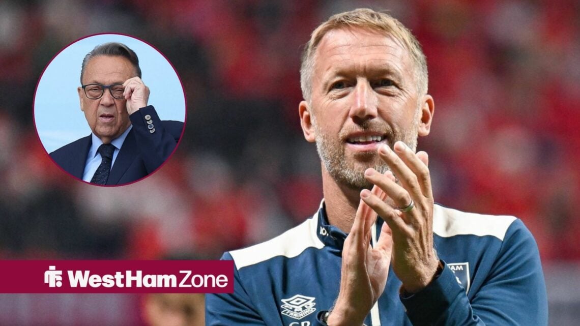 Graham Potter smiling and clapping looking towards David Sullivan in a circle inset