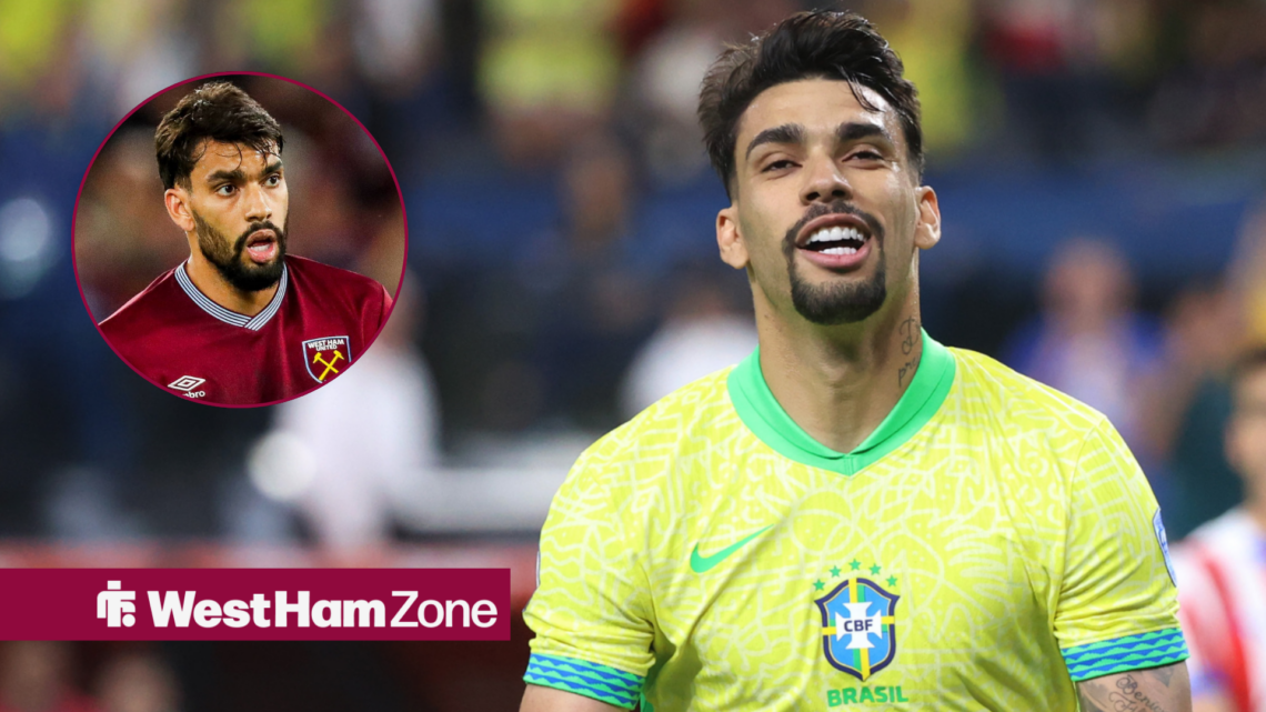 Lucas Paqueta celebrating for Brazil next to a circle inset of Lucas Paqueta at West Ham