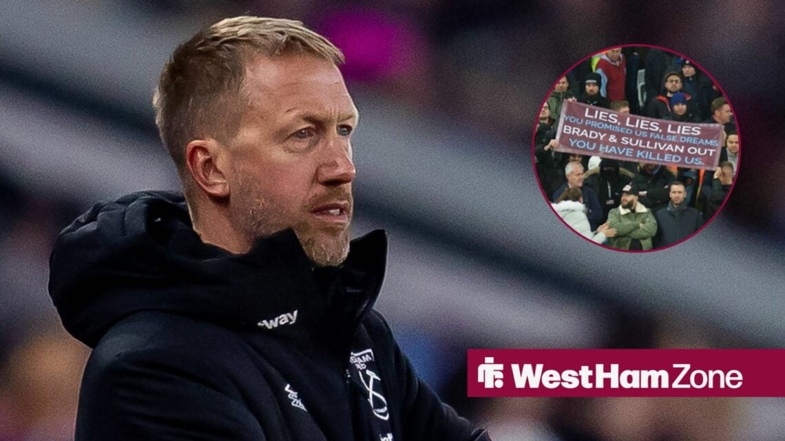 Graham Potter looking towards West Ham fans holding up a banner in a circle inset