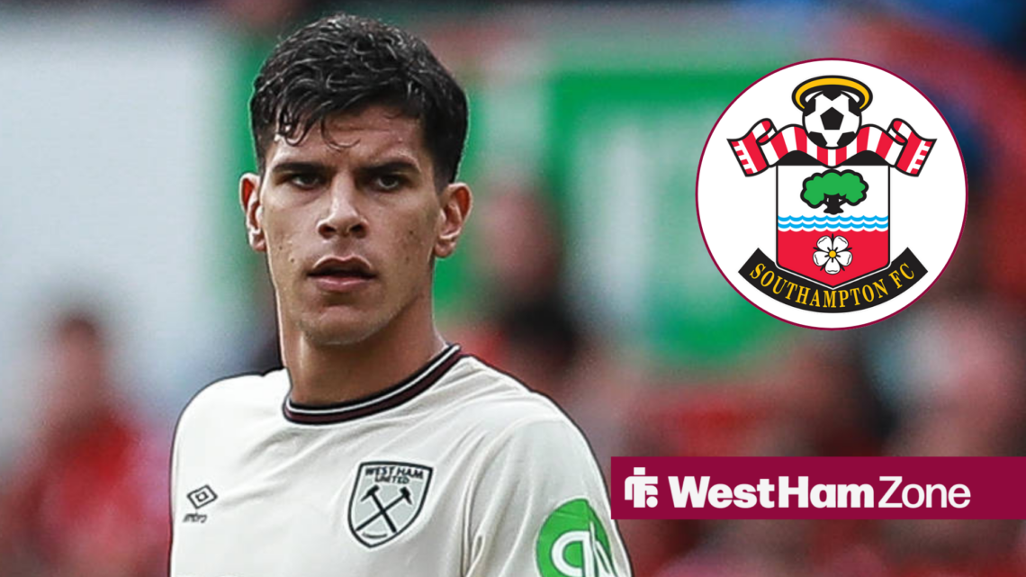 Mateus Fernandes playing for West Ham looking towards a Southampton badge in a circle