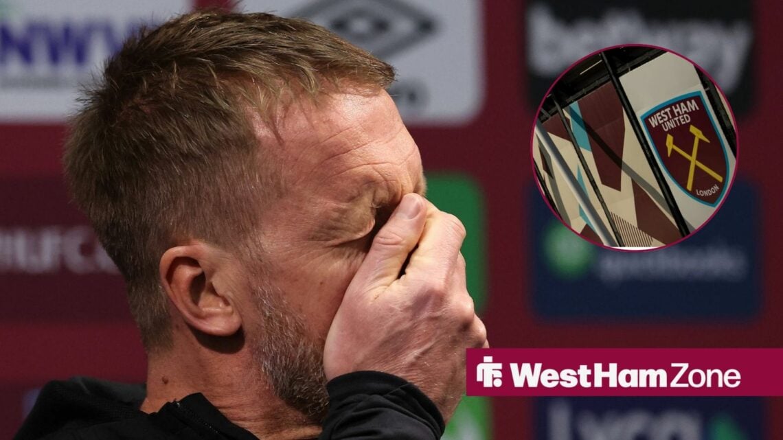 Graham Potter holding his hand over his face next to a circle inset of the London Stadium