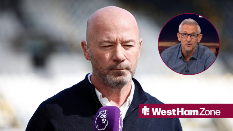 Alan Shearer with a microphone, with Gary Lineker in a circular frame