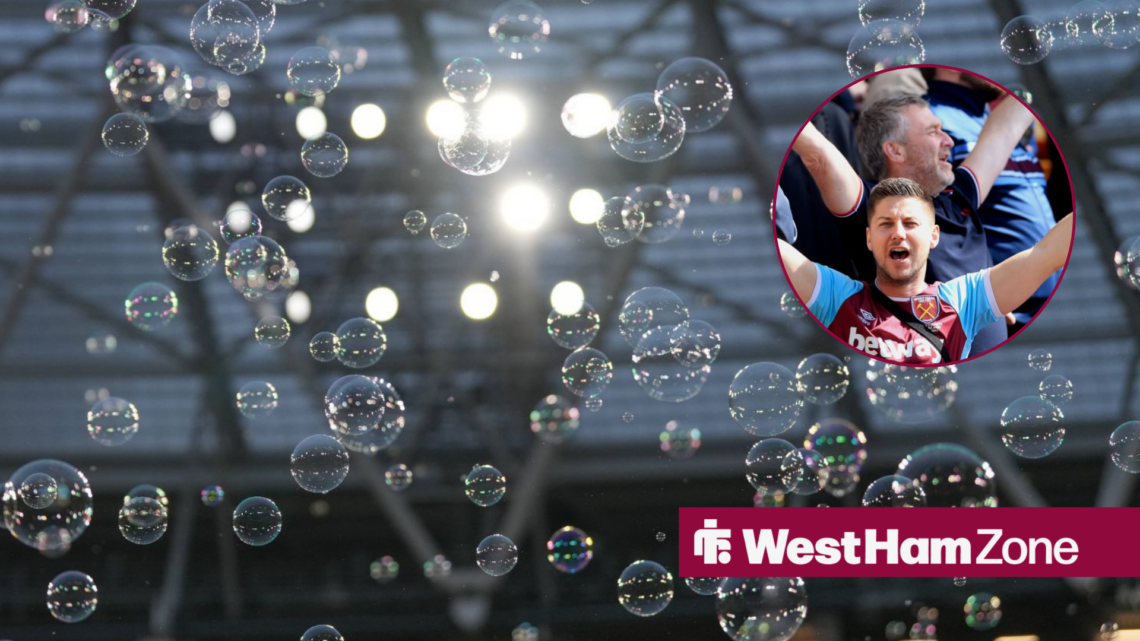 Bubbles at the London Stadium with West Ham fans singing in a circle inset