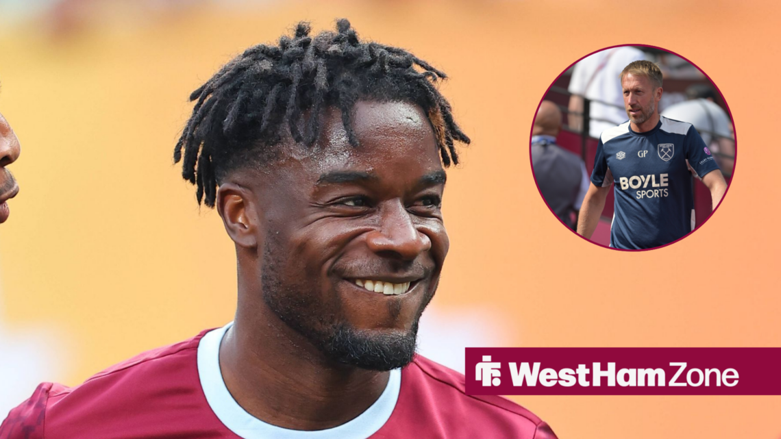 Maxwel Cornet smiling and Graham Potter in the circle