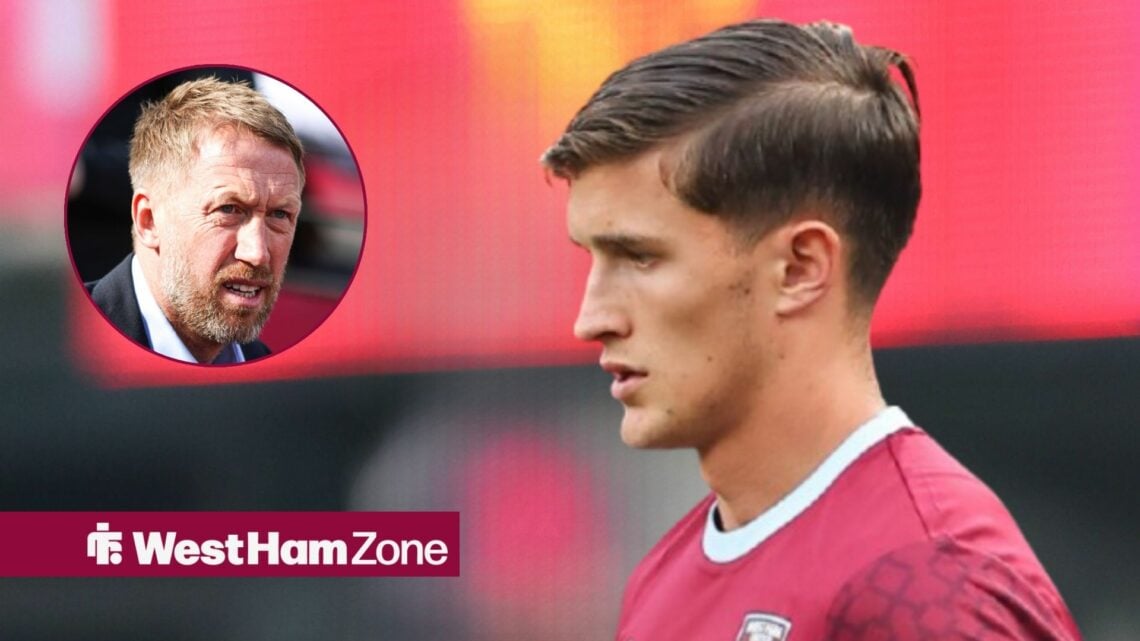 Freddie Potts looking towards Graham Potter looking annoyed in a circle inset