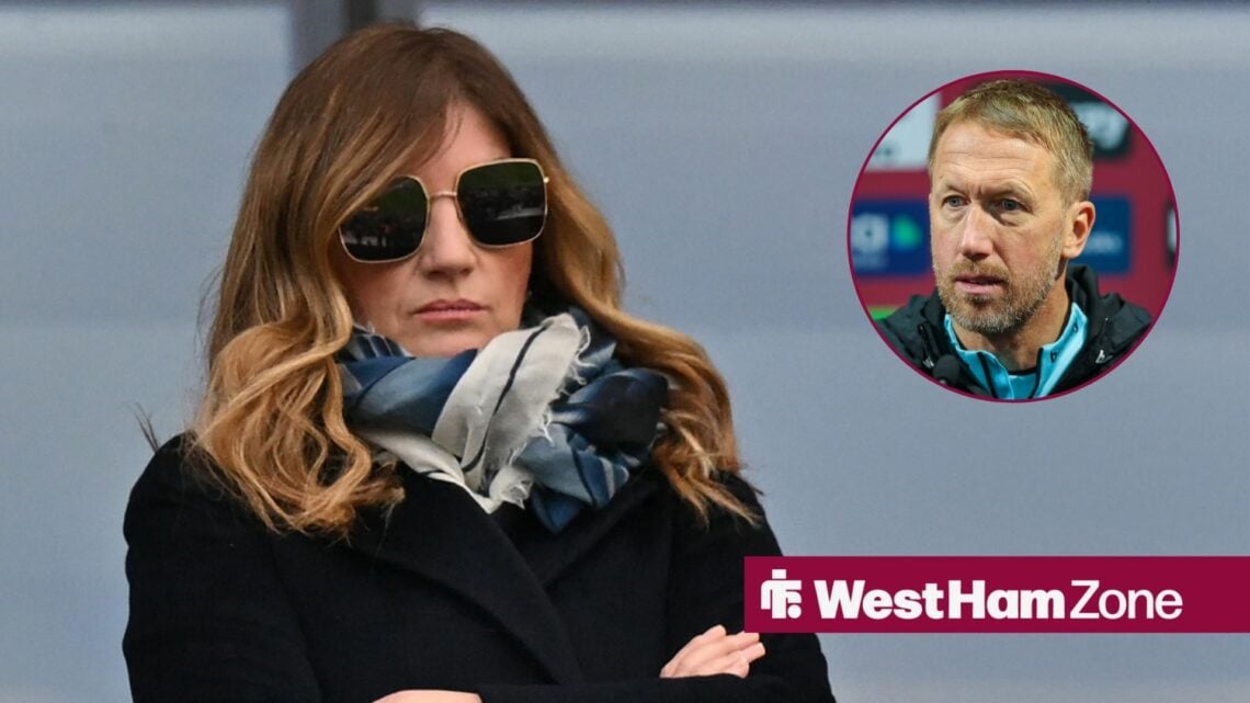 Karren Brady with her arms folded looking towards Graham Potter in a circle inset