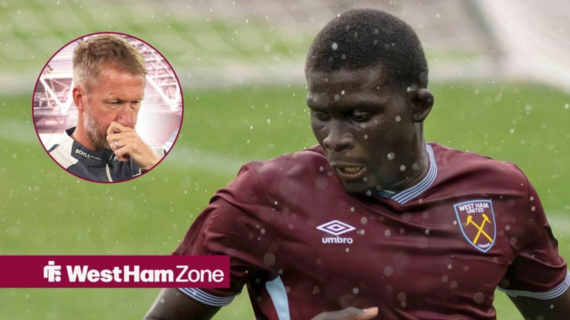 El Hadji Malick Diouf playing for West Ham in the rain with Graham Potter looking disappointed in a circle inset