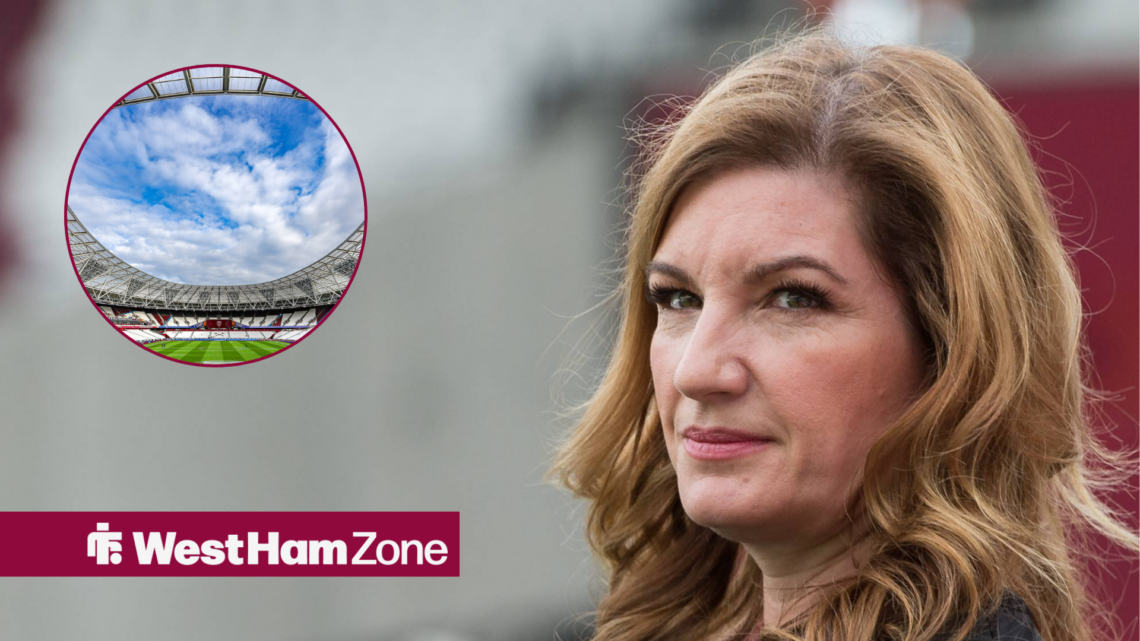 Karren Brady alongside a circle inset of the London Stadium.