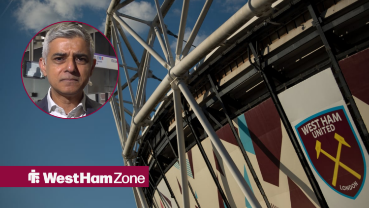 Sadiq Khan in a circle inset looking towards the London Stadium