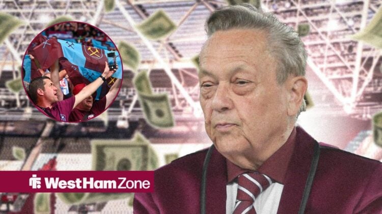 David Sullivan surrounded by money looking towards West Ham fans in a circle inset