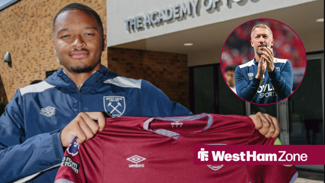 Dimitri Colau signing for West Ham with Graham Potter applauding in the circle