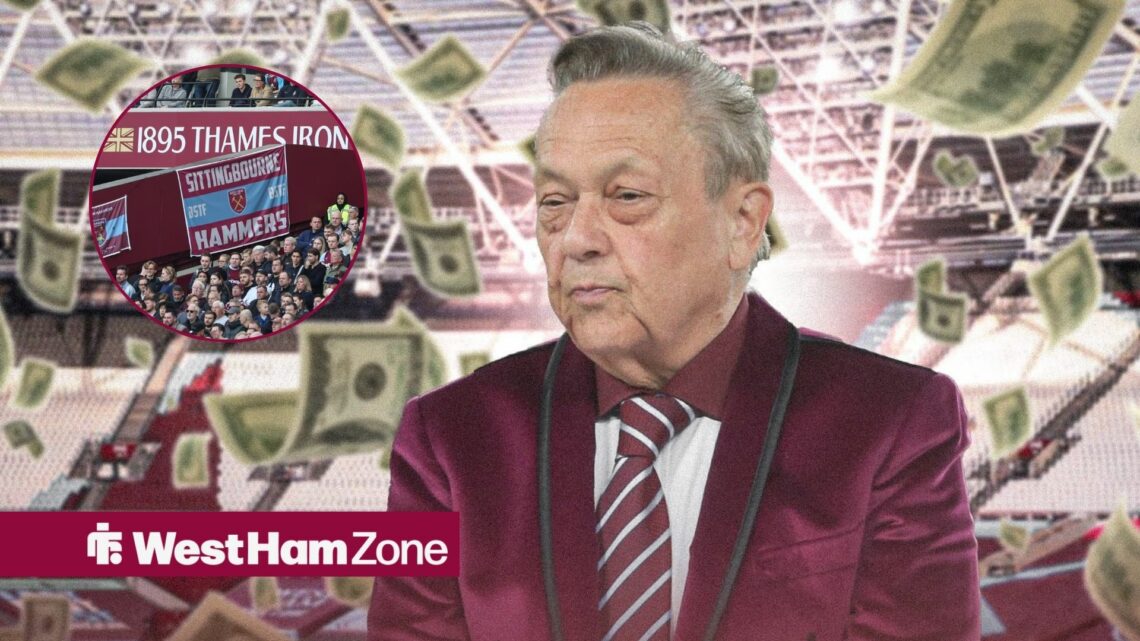 West Ham owner David Sullivan surrounded by money and fans in the circle