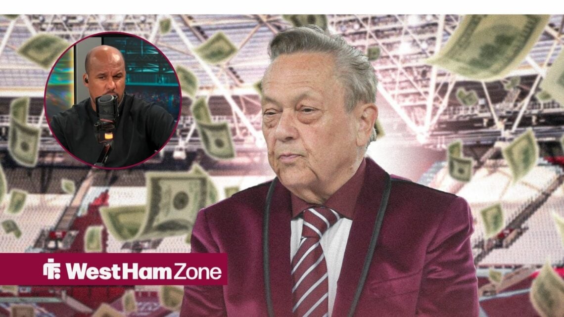 West Ham owner David Sullivan surrounded by money and Gabby Agbonlahor in a circle frame