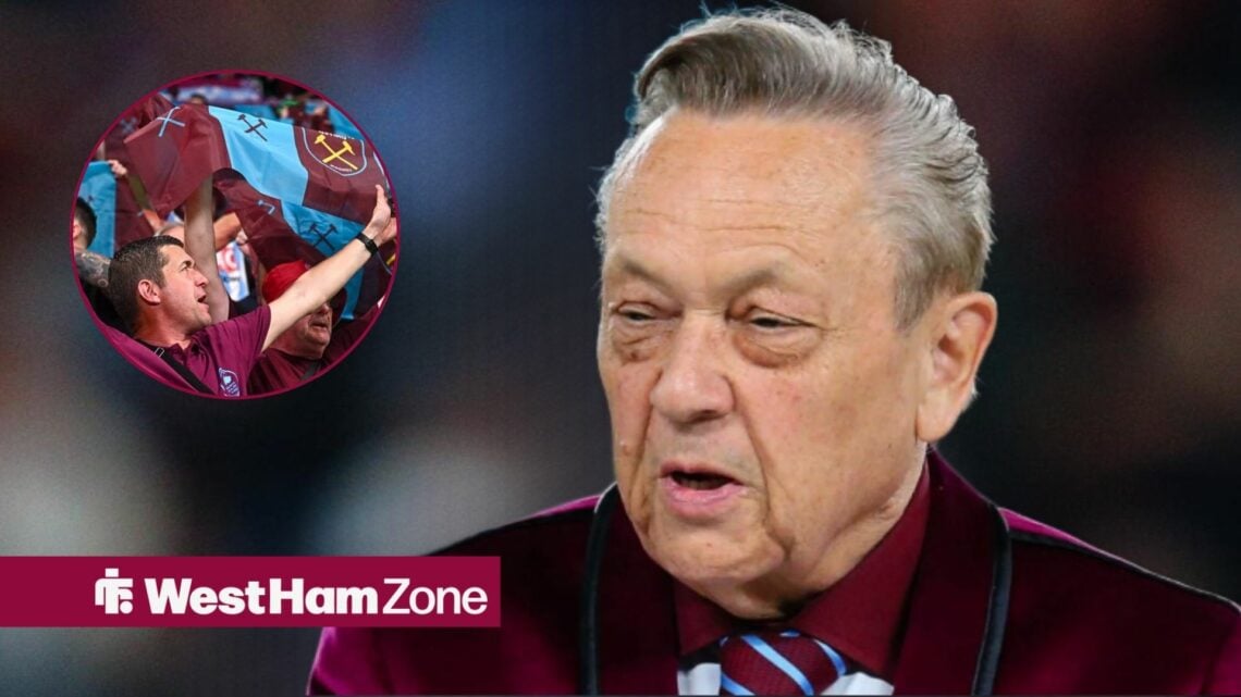 David Sullivan looking towards a circle inset of West Ham fans at the London Stadium