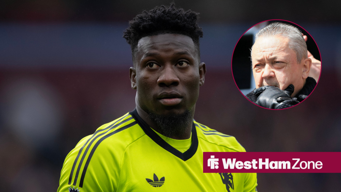Manchester United goalkeeper Andre Onana with West Ham chairman David Sullivan inset